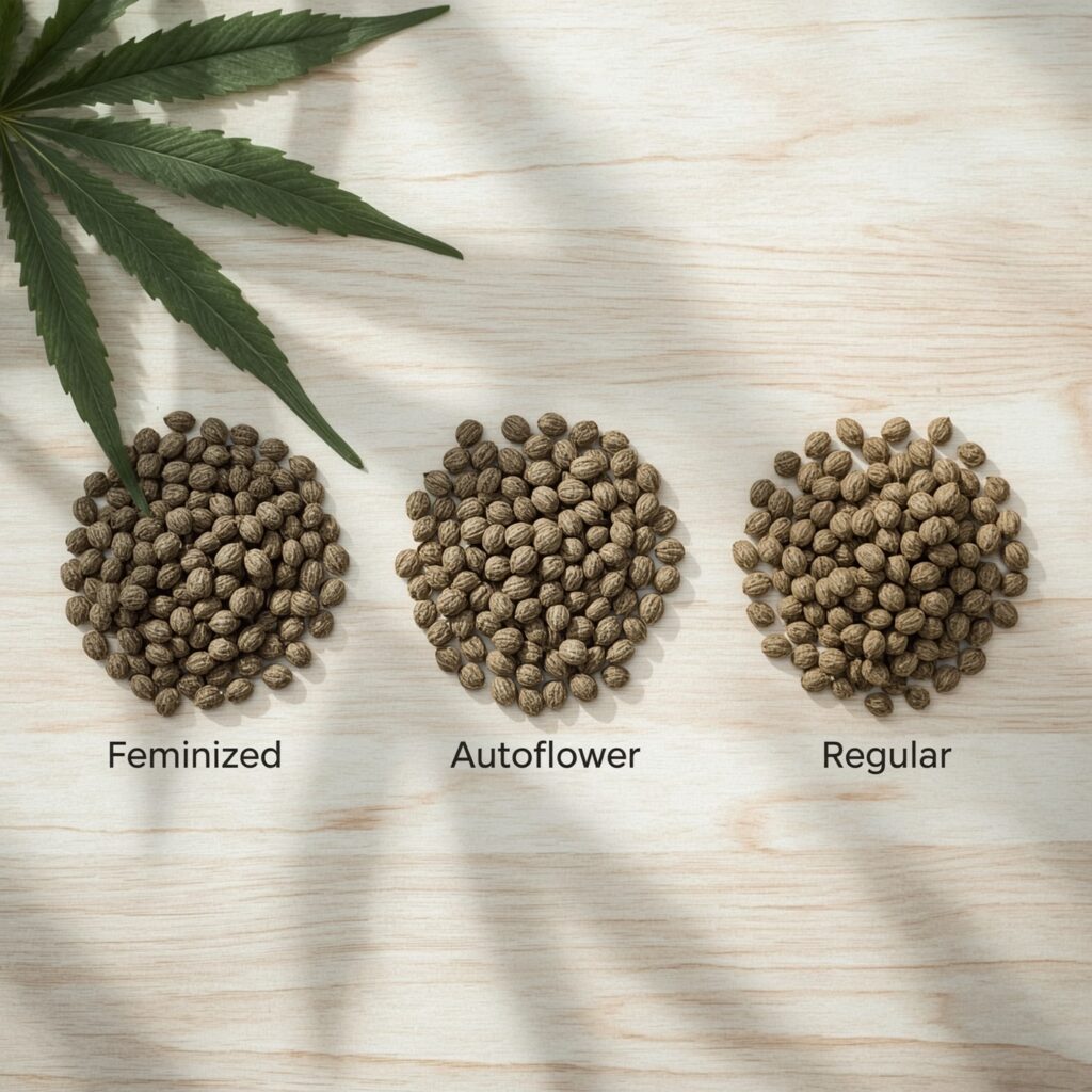 Image featuring three healthy cannabis seed piles “Feminized,” “Autoflower,” and “Regular.”