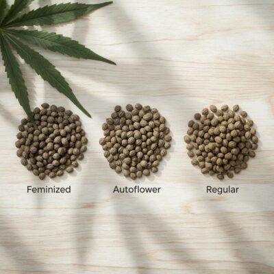 Lucid_Realism_A_clean_educational_flatlay_image_featuring_thre_0 Image featuring three healthy cannabis seed piles “Feminized,” “Autoflower,” and “Regular.”