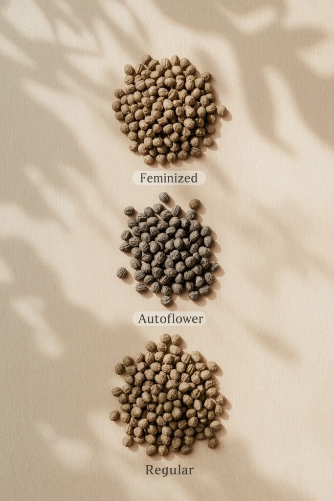 Lucid_Realism_A_clean_educational_flatlay_image_featuring_thre_2 Image featuring three healthy cannabis seed piles “Feminized,” “Autoflower,” and “Regular.”
