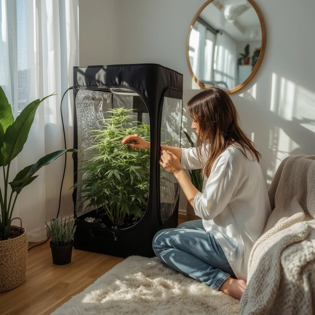 A woman tends to a healthy cannabis plant in inside an indoor grow