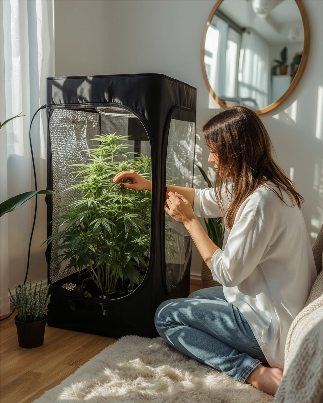 P1_B1_1080x1351 A woman tends to a healthy cannabis plant in inside an indoor grow